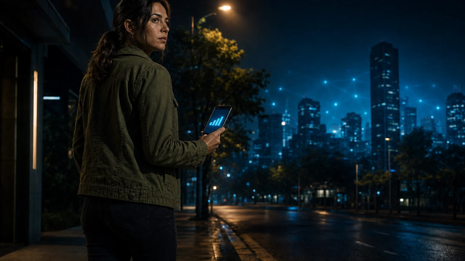 Figura na rúa urbana con iconas de sinal completa no teléfono.