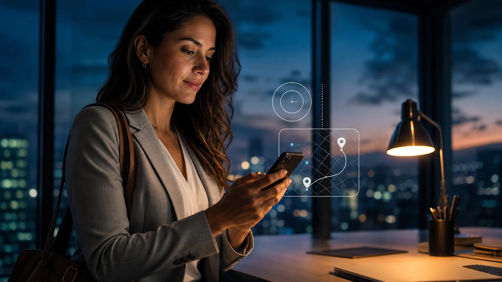 Muller nunha oficina ao solpor configurando un percorrido na app con mapa e reloxo.